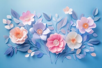 Pastel Paper Flowers Bouquet Spring Floral Design Elegant Blue Background Art Pink Soft Card White  