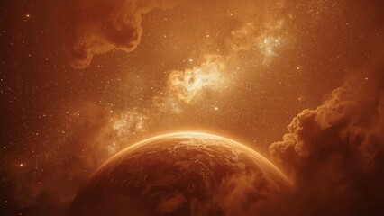A surreal outer space scene with a golden-red ombre color scheme, prioritizing golden tones. The cosmic background features shimmering galactic streaks, glowing nebula clouds, and soft, dreamy mists