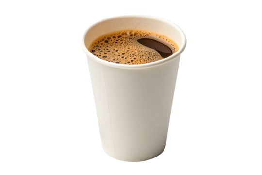 Dark charcoal paper coffee cup with black plastic lid featuring embossed text and modern design, isolated on a transparent background