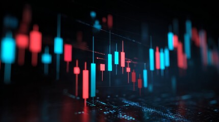 A stock market candlestick chart with bright blue and red indicators on a dark background