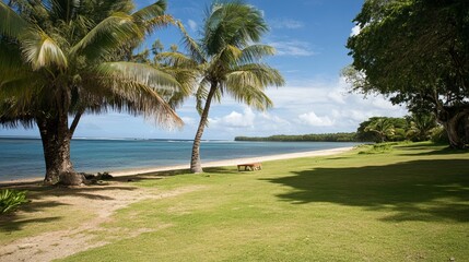 Serene tropical beach scene with palm trees, grassy area, and calm ocean under a sunny sky. A peaceful bench sits near the shore