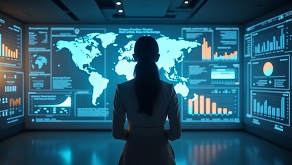 Woman standing before large screen displaying world map and data visualizations in blue tones
