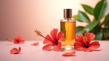 Perfume bottle with hibiscus flowers and leaves on a pink background in soft lighting studio shot