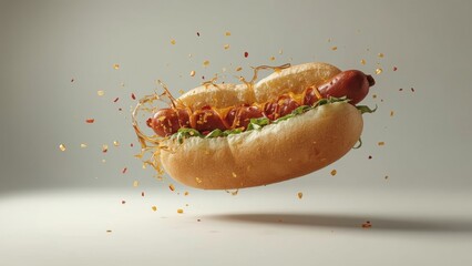 Hotdog suspended mid-air with crumbs, splashes, or particles frozen in motion. Use bold rim lighting, macro focus, with resturant background to add energy, contrast