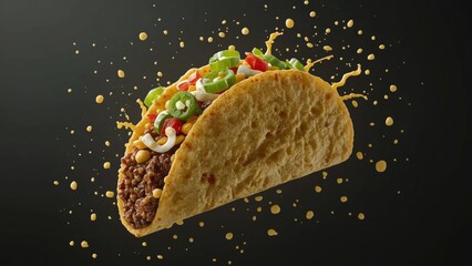 Taco suspended mid-air with crumbs, splashes, or particles frozen in motion. Use bold rim lighting, macro focus, with resturant background to add energy and contrast