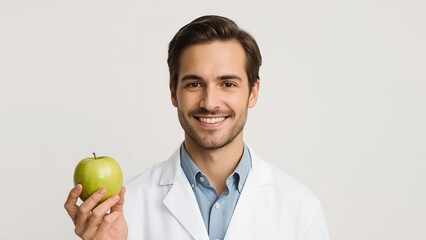 Smiling male scientist, holding a green apple, wearing a white lab coat, professional setting, front view, bright lighting, plain background, confident expression