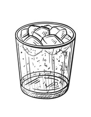 Whiskey with ice hand drawn isolated on white background. Vintage sketch of glass of alcoholic drink. Cocktail for parties. Vector illustration