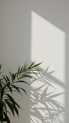 Vertical banner, wallpaper for social media of sun light on room wall with tropical leaves