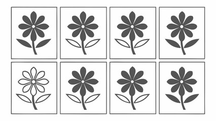 Set of eight simple floral icons with a single flower and two leaves