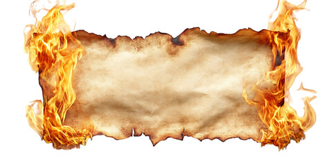 Aged parchment scroll engulfed in bright orange flames isolated on white or transparent png