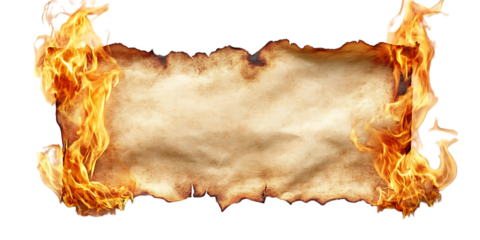 Aged parchment scroll engulfed in bright orange flames isolated on white or transparent png