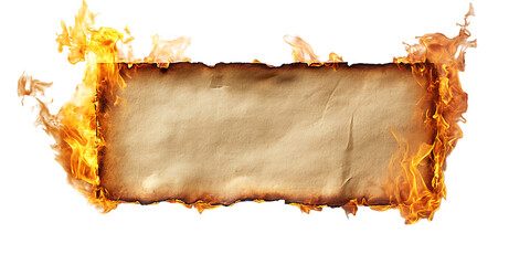 Old parchment paper burning with flames isolated on white or transparent png