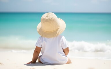 baby girl in white clothes and a straw hat sits on the white sand on the beach in summer. High quality