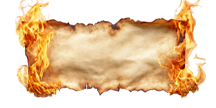 Aged parchment scroll engulfed in bright orange flames isolated on white or transparent png