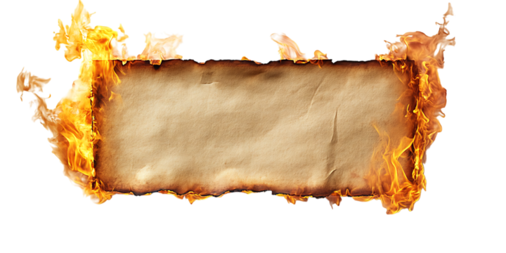 Old parchment paper burning with flames isolated on white or transparent png