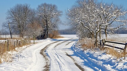 Fototapeta premium Snow-covered rural road winds through a winter landscape, flanked by snow-laden trees and fences. Sunshine illuminates the scene