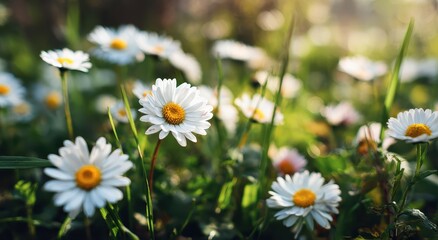 Fototapeta premium Daisies bloom in a meadow, sun dappled, promoting eco beauty products, wellness