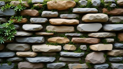 A stone wall with moss and plants growing between the rocks in a natural and organic arrangement
