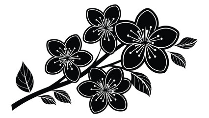 Stylized black and white cherry blossom branch with petals and leaves