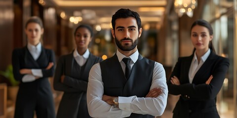 Confident Middle-Eastern man with three diverse female colleagues in stylish business attire exuding professionalism. Hotel staff shot.