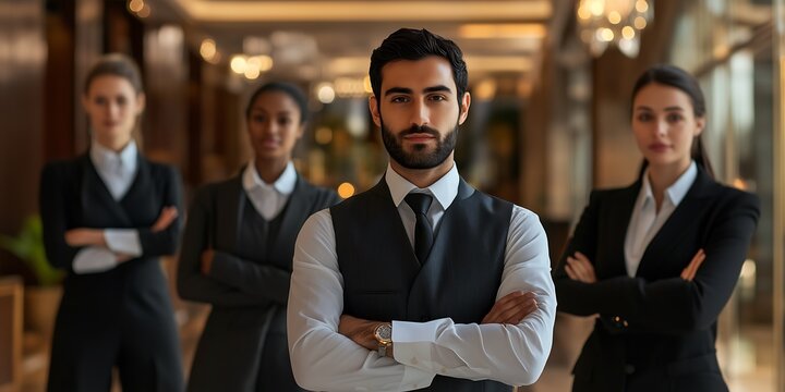 Confident Middle-Eastern man with three diverse female colleagues in stylish business attire exuding professionalism. Hotel staff shot.