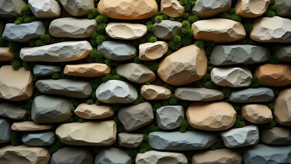 A full frame shot of a stone wall with green moss growing between the stones in the background