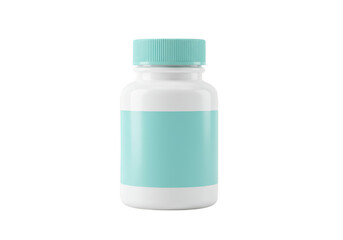 A white pill bottle with a light teal label sits on a transparent background