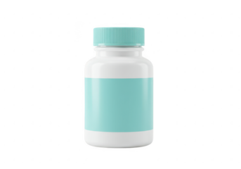 A white pill bottle with a light teal label sits on a transparent background