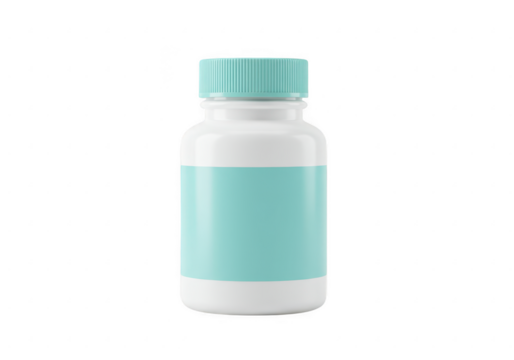 A white pill bottle with a light teal label sits on a transparent background