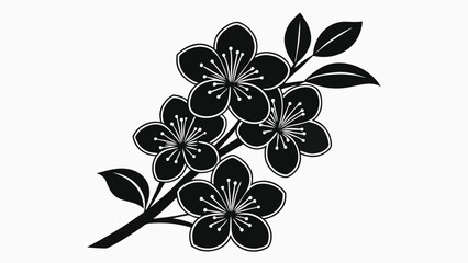 Stylized black and white cherry blossom branch with five flowers and leaves