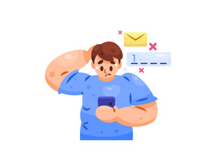 A concept of the OTP or One-Time Password problem. Illustration of a man looking confused and panicked because he did not receive a verification code message. Gestures and expressions. Flat style 