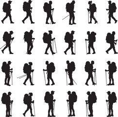 Obraz premium Backpackers hiking trekking walking men women with sticks poles silhouettes