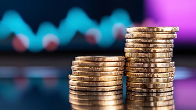 Stacked gold coins reflecting on a table with a financial stock market graph in the background. Wealth accumulation visual gilded currency reflecting prosperity market data backdrop