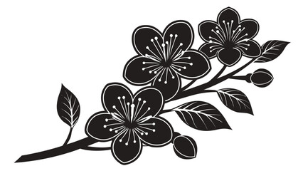 Black and white graphic illustration of a blooming cherry blossom branch with leaves and buds