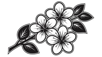 Stylized black and white cherry blossom branch with leaves and petals