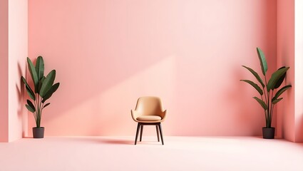 Minimalist pink room with plants and chair creating a serene and modern interior design space