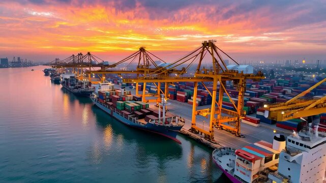 Ship at port loading cargo container. Industrial dock with cranes for global logistics and maritime transport. Commercial shipping movement footage.