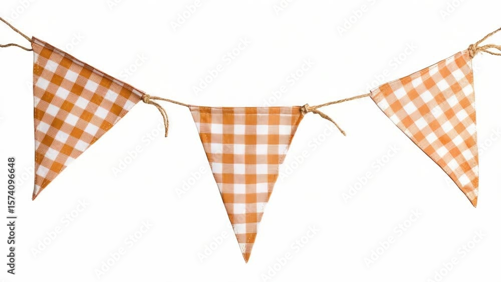 Poster a colorful bunting made of checkered fabric, hanging from a string