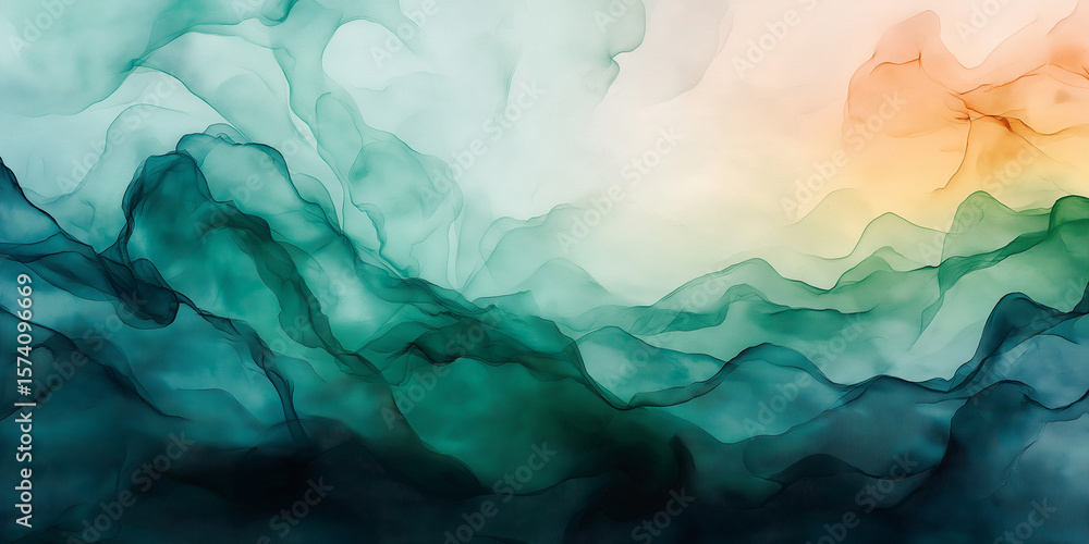Poster abstract flowing waves of deep teal and soft peach colors creating a serene landscape