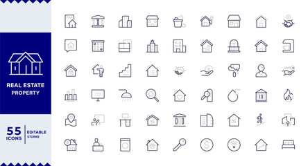 Real Estate Duotone outline icons with editable stroke collection. Includes House, Villa, Mortgage, Realtor, Amenities,