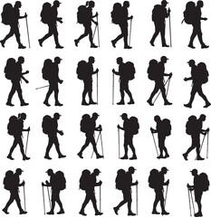 Obraz premium Backpackers hiking trekking walking men women with sticks silhouettes 