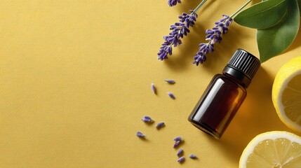 Aesthetic arrangement of essential oil, fresh lemon slices, and lavender flowers. This image radiates a calming vibe and is perfect for wellness and relaxation themes. AI