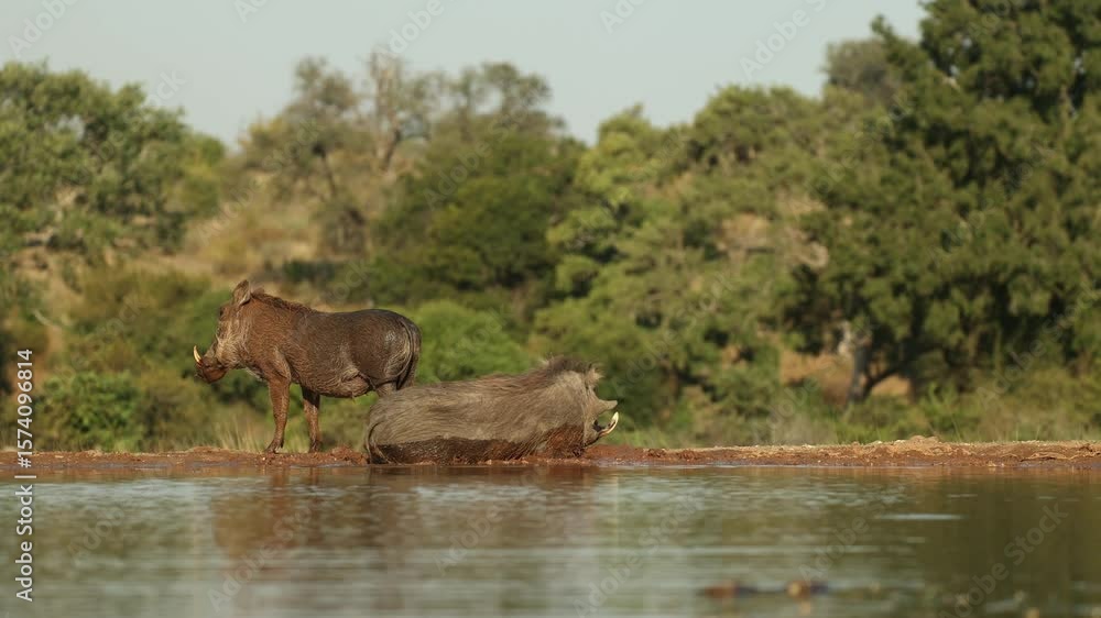 Poster a group of warthogs enjoying a mud bath in a waterhole. filmed at a low angle from a photographic hi