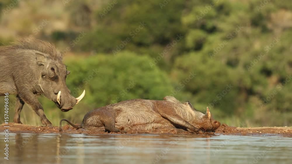 Poster a group of warthogs enjoying a mud bath in a waterhole. filmed at a low angle from a photographic hi