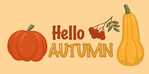 Hello autumn season banner with pumpkins and berries