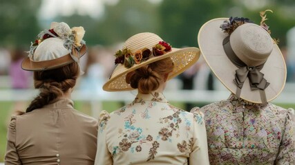 Three women wearing floral hats, perfect for garden party or spring theme