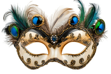 Ornate venetian mask with feathers and jewel embellishments isolated on white or transparent png