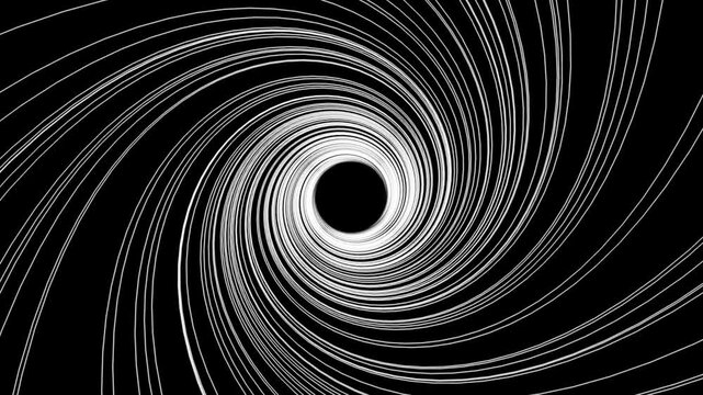 White swirling lines spiral into a black void creating a hypnotic abstract pattern.