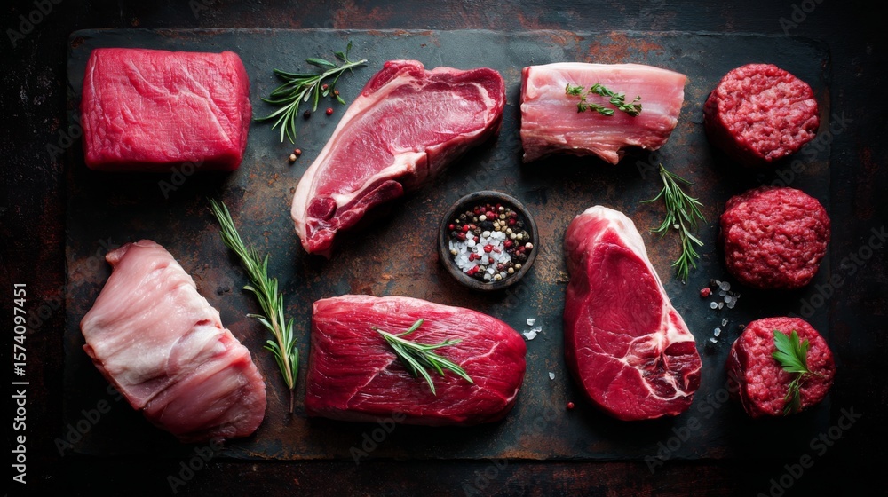 Poster a top-down view of different raw meat cuts, neatly arranged on a dark rustic background
