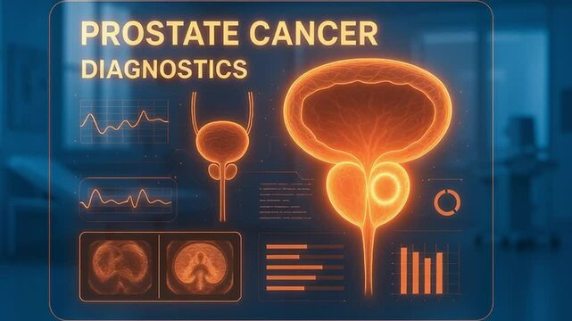 Prostate cancer diagnostics hologram displays detailed medical data and scans with doctor analyzing anatomy and health for accurate urology scan and advanced treatment planning